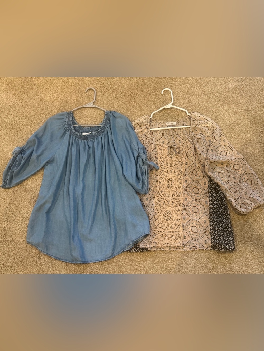 2 BoHo tops: Light Blue Peasant Top & Beige mixed print crochet like trim
